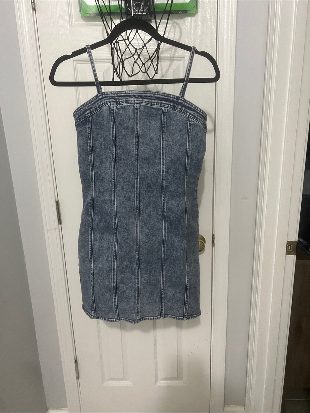 Vici Blue Acid-Wash Denim Mini Dress with Spaghetti Straps